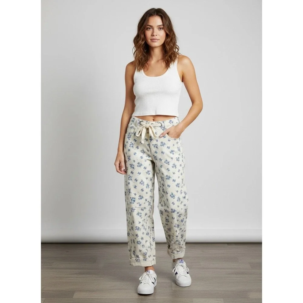 Peach Love California Floral Denim Pants Blue‎ Rose Drawstring Wide Leg Jeans M